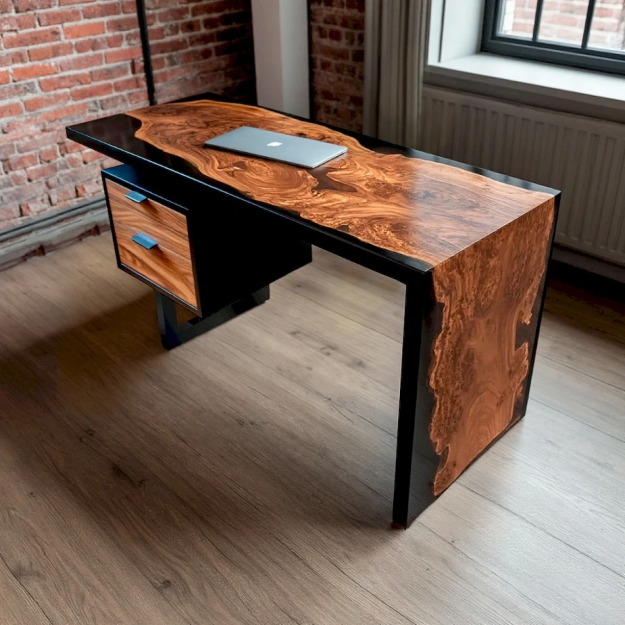 Уникальный письменный стол из массива карагача с черной эпоксидной смолой с подвесной тумбой  ящиками