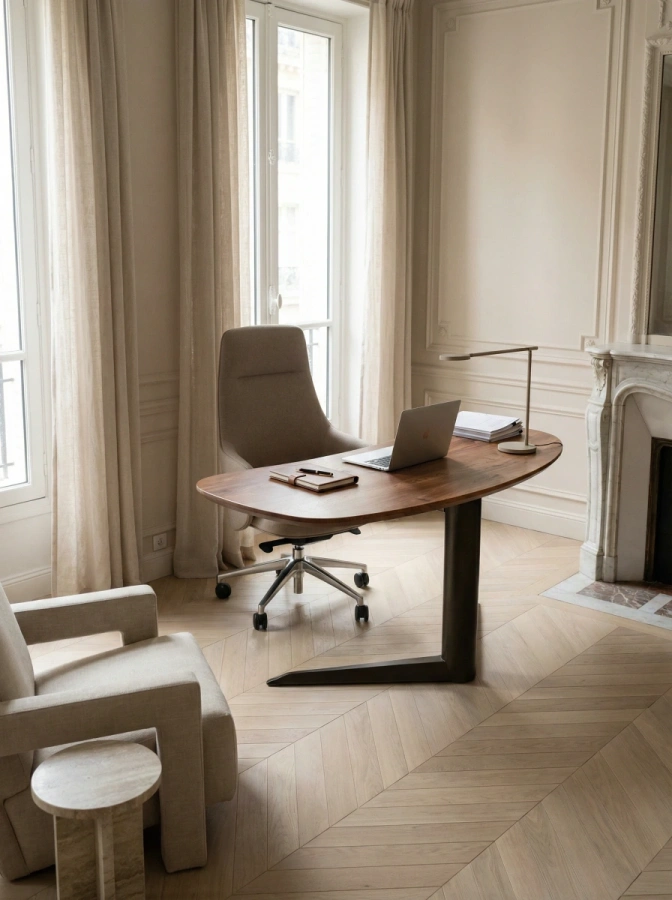 Лаконичный письменный стол Bean из дерева и металла в светлом минималистичном интерьере