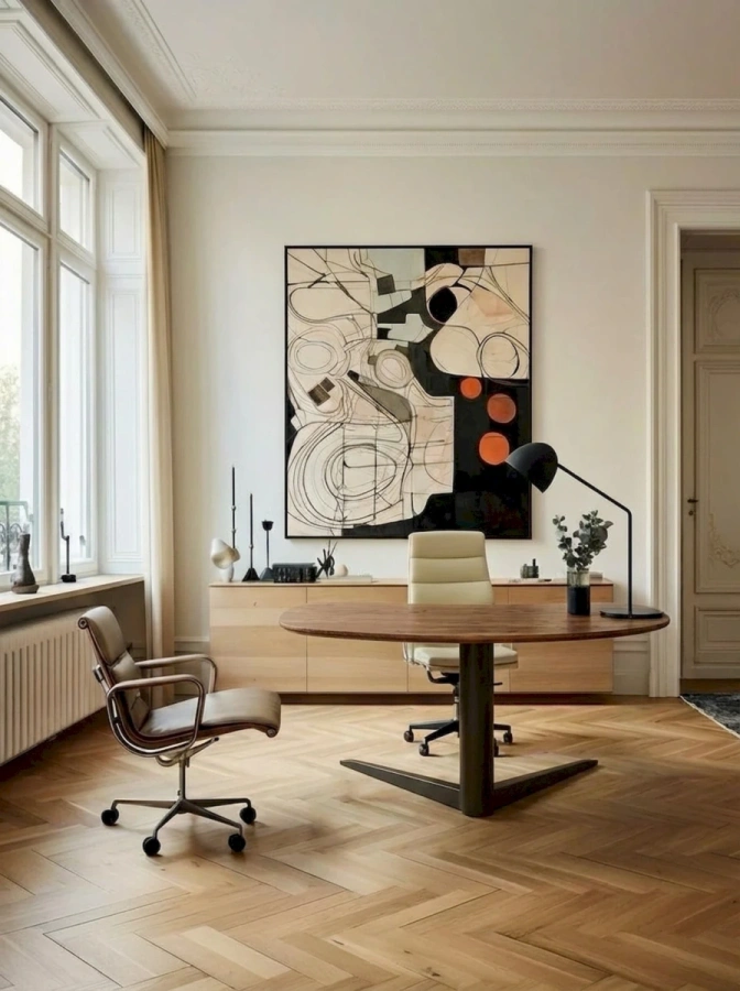 Стол Bean в интерьере в стиле конструктивизм с картиной, на столе ноутбук и лампа.