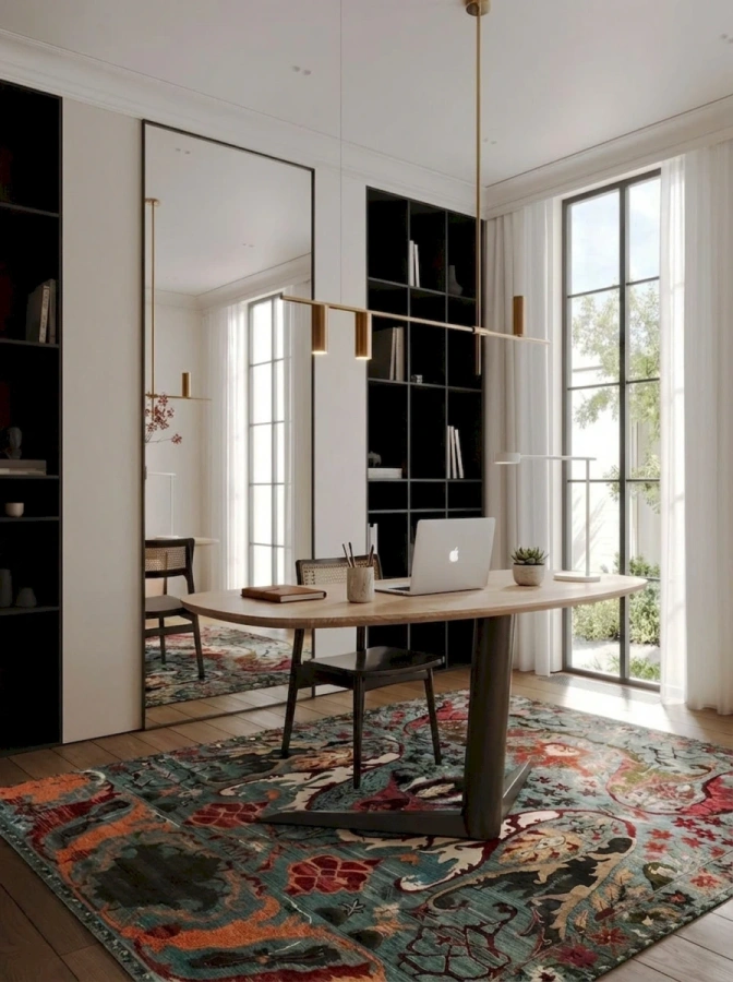 Лаконичный письменный стол Bean из дерева и металла в светлом минималистичном интерьере.