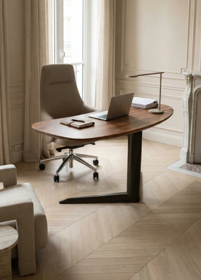 Эргономичное рабочее место с просторным столом Bean, ноутбуком и лампой в минималистичном интерьере.