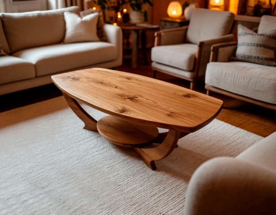 Деревянный овальный столик в эко-стиле, украшенный зеленью и льняными тканями