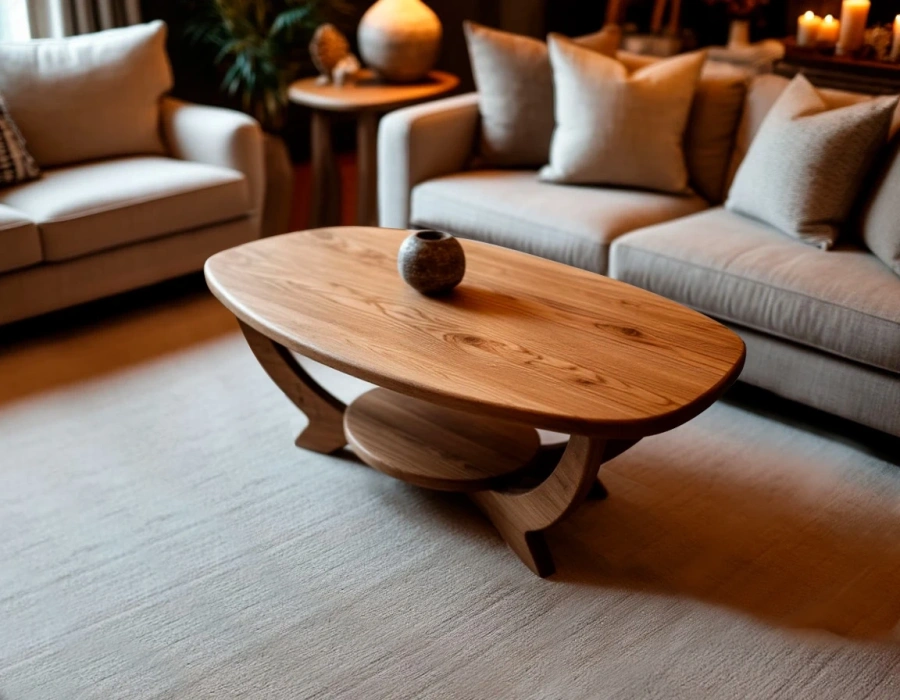 Светлый столик из вяза рядом с диваном и пледом в скандинавском стиле