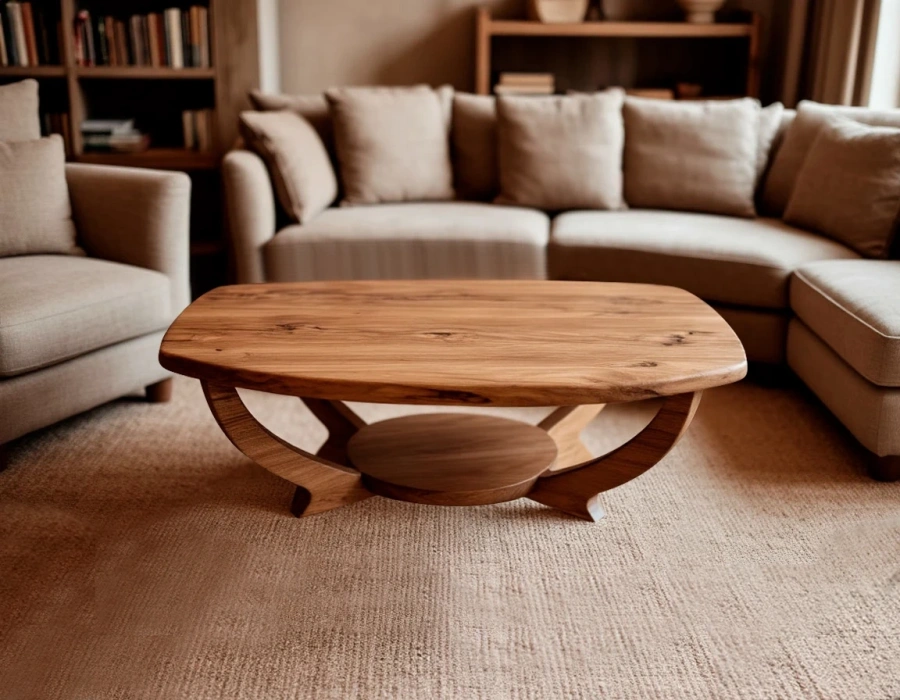 Овальный деревянный журнальный столик из вяза в современной светлой гостиной