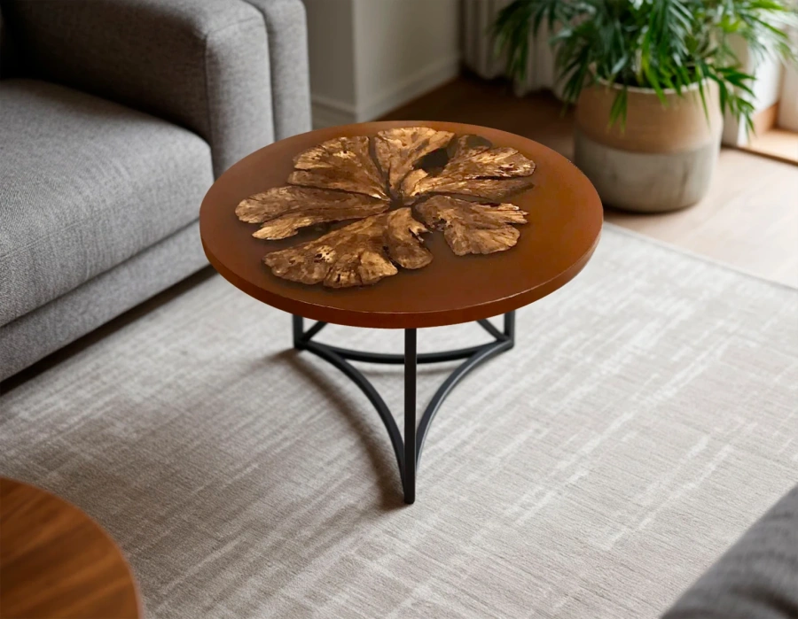 Круглый дизайнерский столик с книгами и вазой, сочетание дерева и эпоксидной смолы Art.1252.424