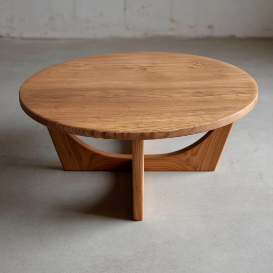 Лаконичный круглый столик из вяза в минималистичной гостиной с растениями