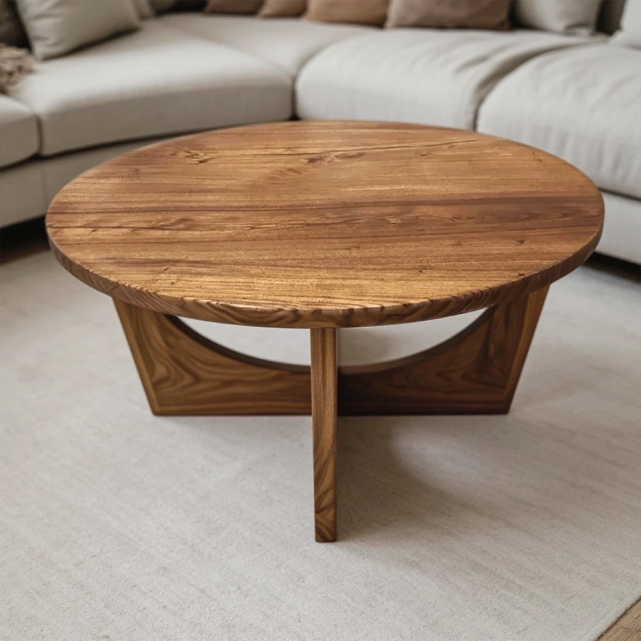  Визуализация размеров столика (высота 45 см, диаметр 88 см) в сравнении с диваном и книгами