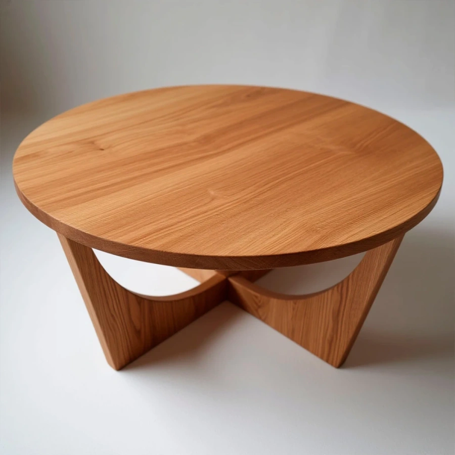 Деревянный журнальный столик для скандинавской гостиной с серым диваном и декором