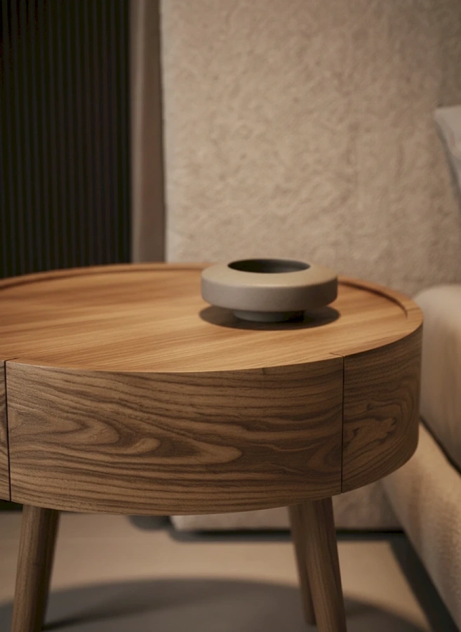 Дизайнерская прикроватная тумба Ellipse из массива карагача в стиле джапанди