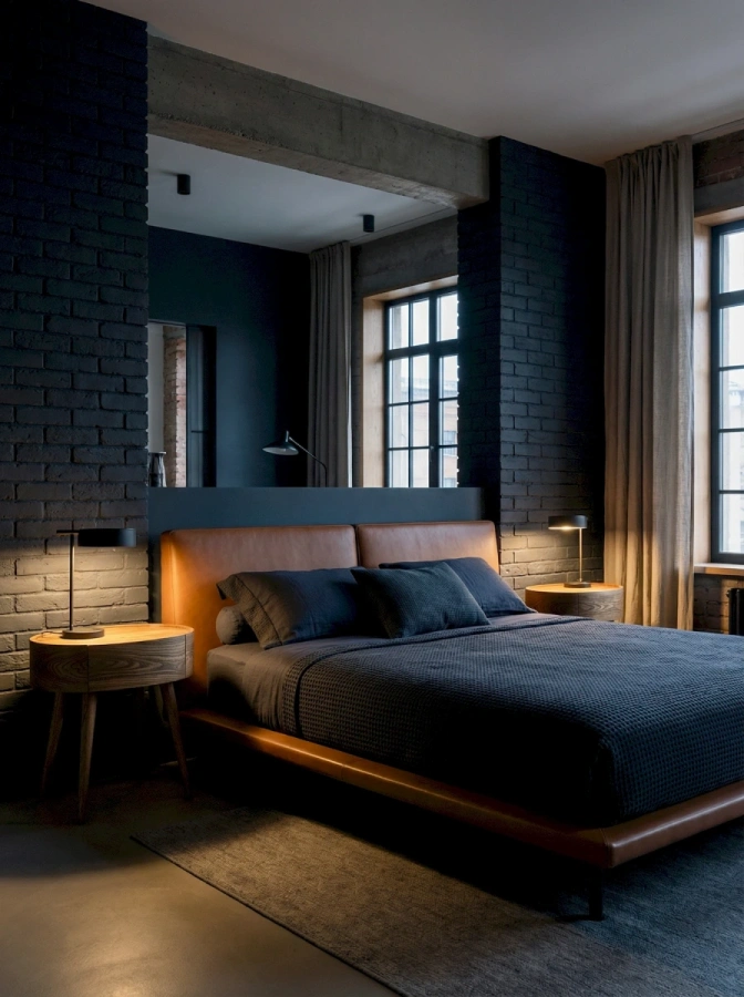 Дизайнерская тумба Ellipse из массива карагача в интерьере спальни индустриального стиля