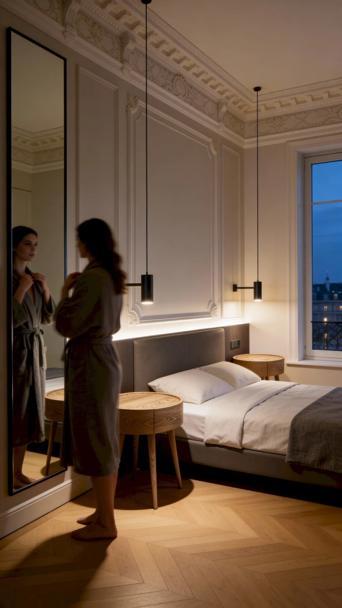 Прикроватные тумбы из натурального дерева в интерьере современной классической спальни