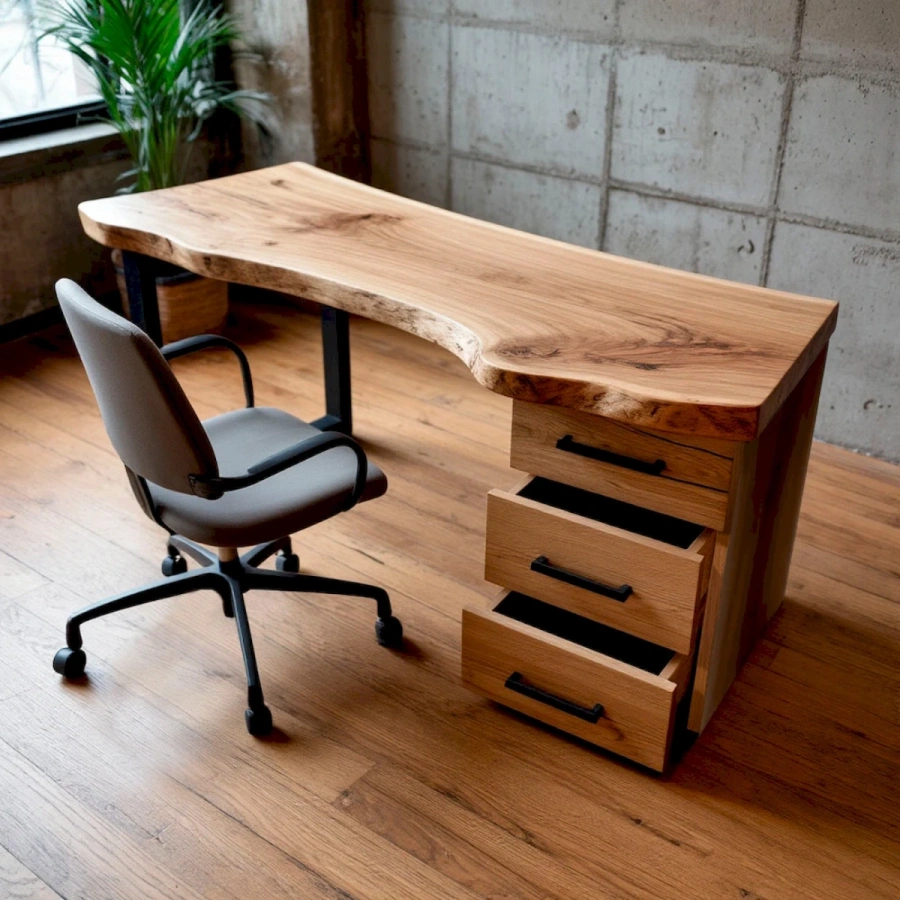 Стол со столешницей из цельного слэба карагача с выдвижными ящиками оборудоваными фурнитурой полного выдвижения марки Blum