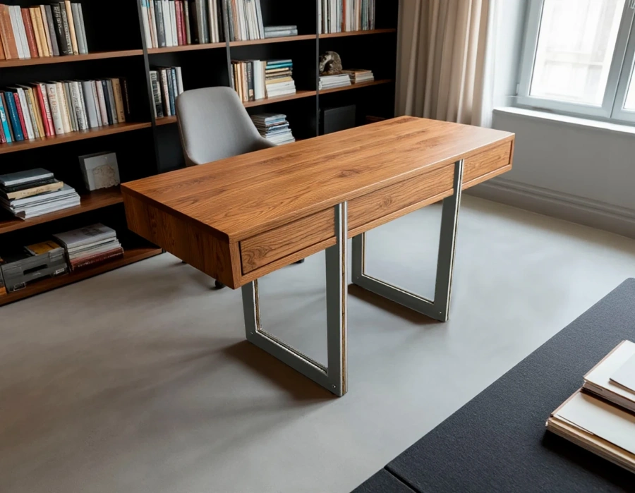 Деревянный письменный стол с металлическими ножками в светлой гостиной стиля Mid-century modern