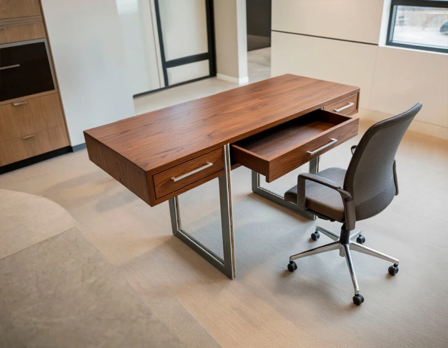 Лаконичный письменный стол в минималистичном кабинете, организация рабочего пространства