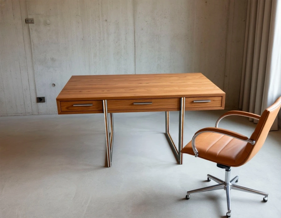 Письменный стол с ящиками в деревянной столешеице  в геометрическом дизайне в современном  индустриальном интерьере кабинета