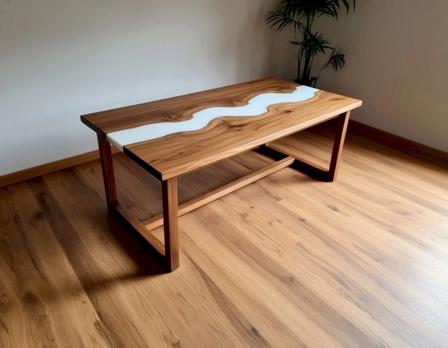 Уникальный обеденный стол из массива горного вяза с белой эпоксидной вставкой в форме реки, размер 170 на 90 см.