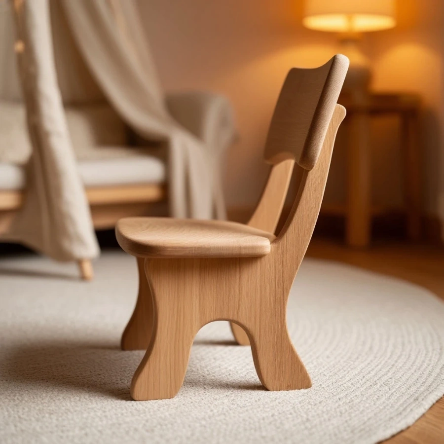 Деревянный стул для ребенка в обстановке эко-интерьера с растениями и текстилем