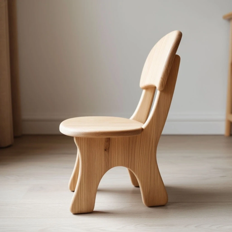 Боковой вид детского стула, показывающий изогнутую спинку для поддержки спины ребенка