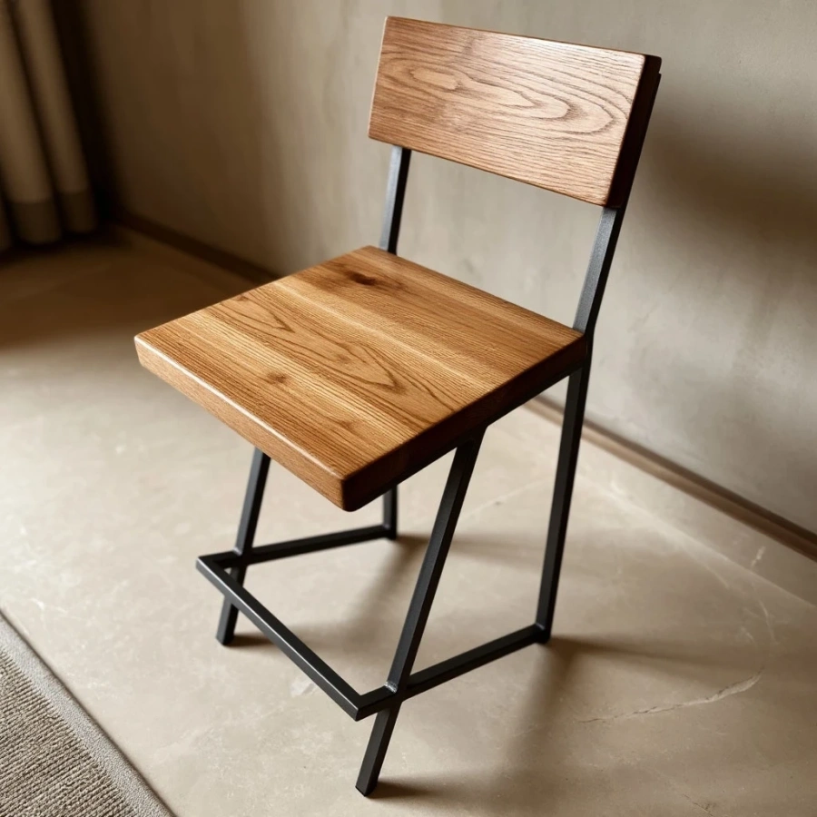  Стильный барный стул на заказ из массива горного вяза с черными металлическими ножками