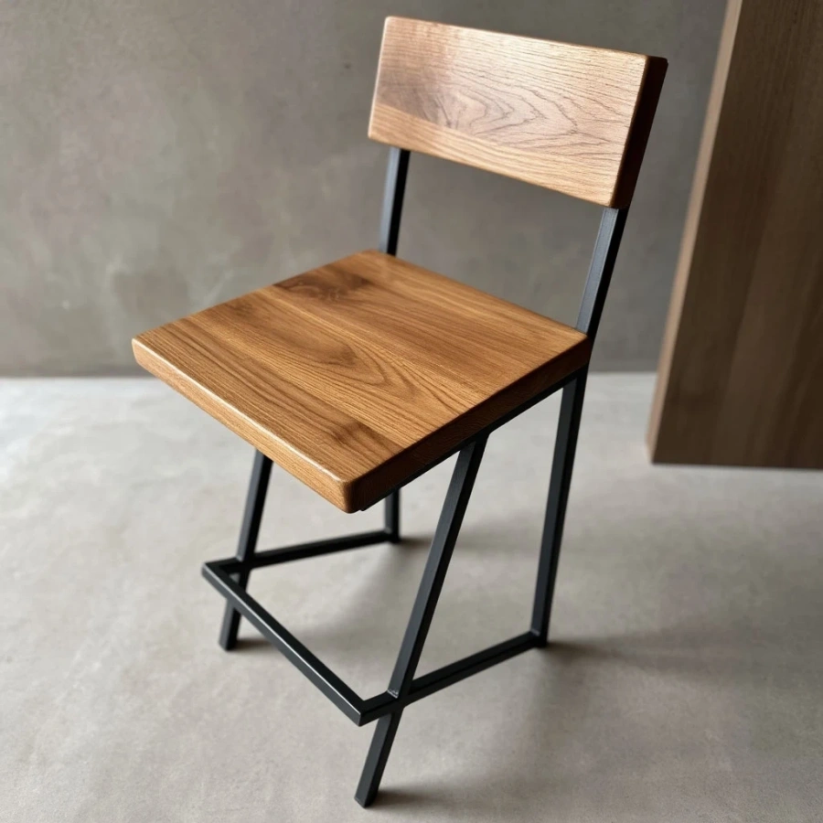 Крупный план деревянных деталей барного стула, текстура массива горного вяза