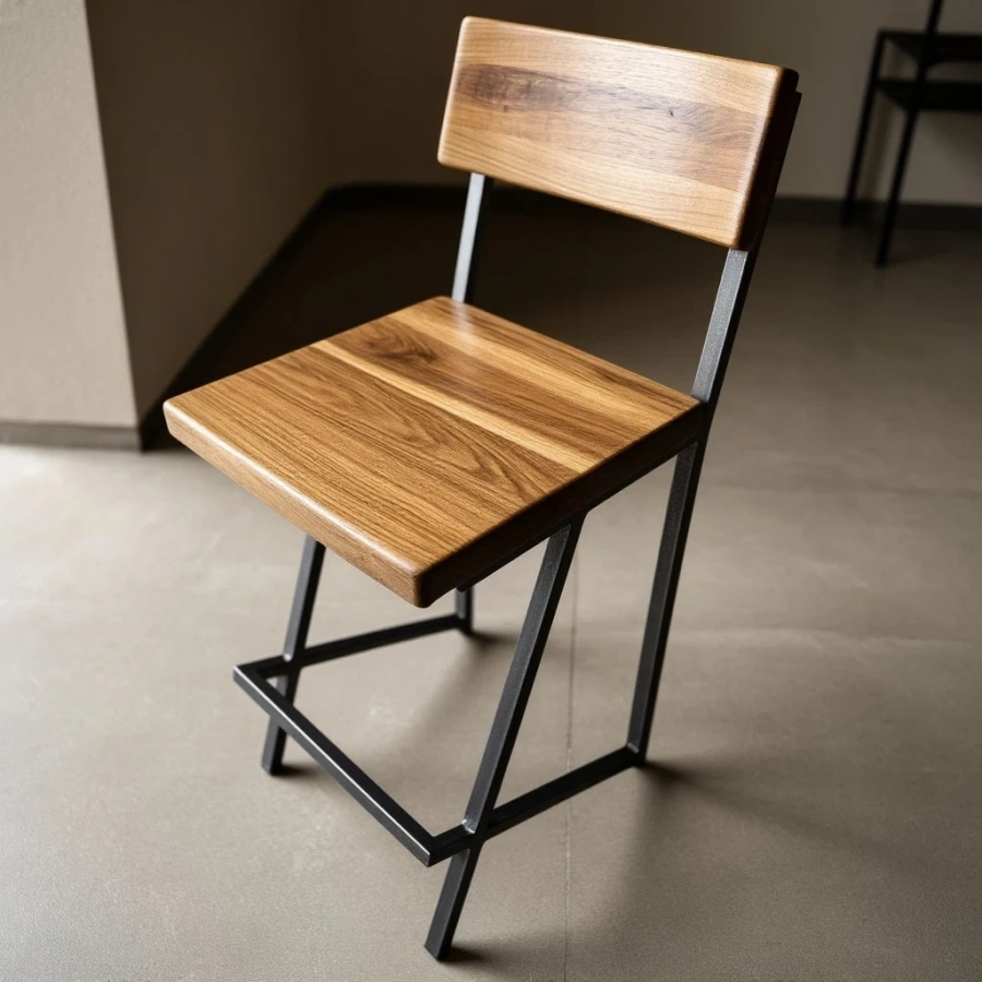 Стильный барный стул на заказ из массива горного вяза с черными металлическим каркасом