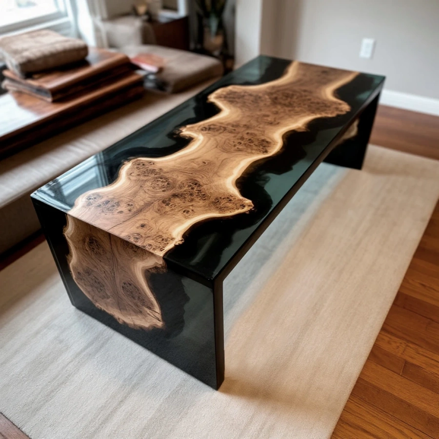 Эксклюзивный журнальный столик ручной работы из слэба капового тополя, залитый прозрачной эпоксидной смолой в интерьере современной квартиры