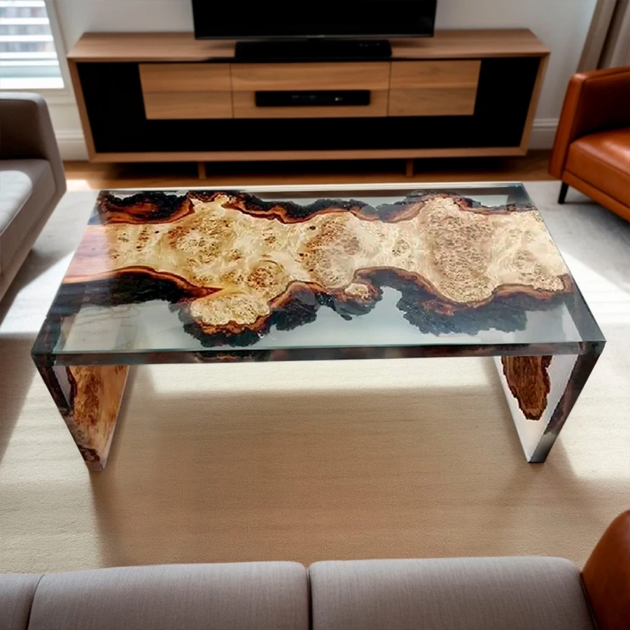 Эксклюзивный журнальный столик ручной работы из слэба капового тополя, залитый прозрачной эпоксидной смолой в интерьере Мид сенчури