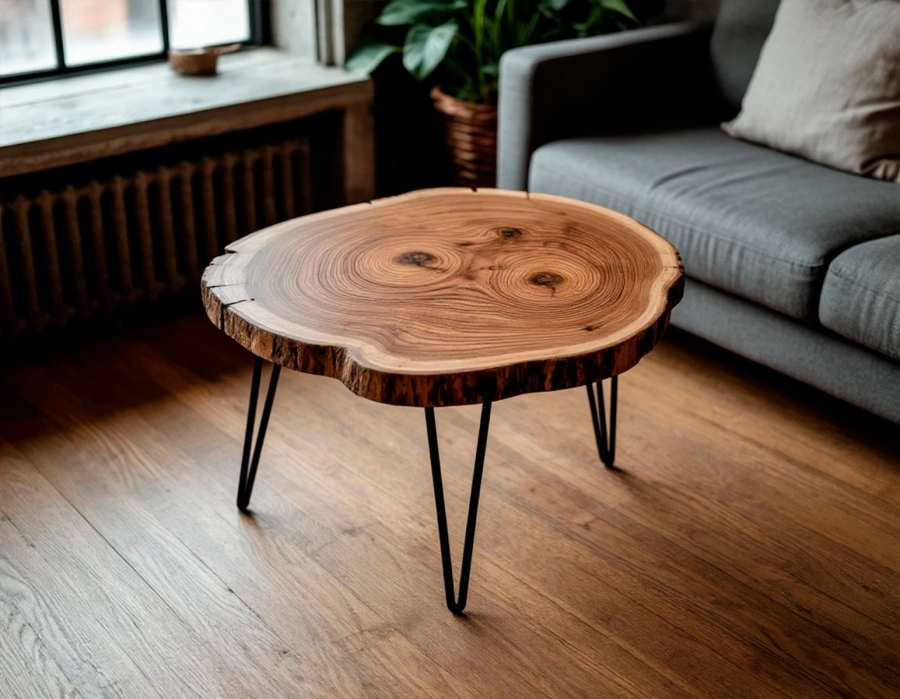 Стол из спила дерева с эпоксидной смолой на фоне кирпичной стены, демонстрация стиля лофт Art.1252.523