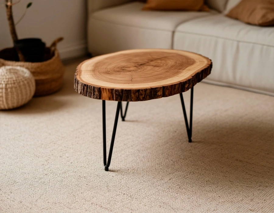 Натуральный журнальный стол из вяза с зелеными растениями и плетеным креслом, пример Эко-стиля или стиля Бохо Art.1252.523