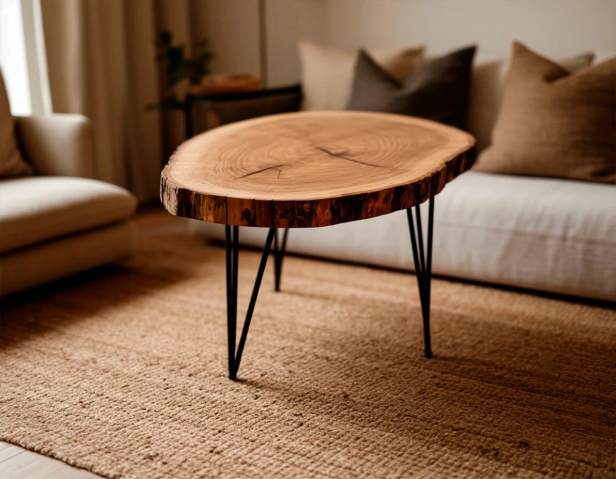 Стол из спила дерева с эпоксидной смолой на фоне низкого дивана без подлокотников, демонстрация стиля лаунж  Art.1252.523