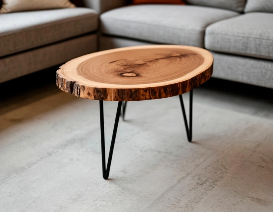 Уникальный журнальный столик из горного вяза на тонких черных ножках hairpin в интерьере гостиной рядом с диваномArt.1252.523