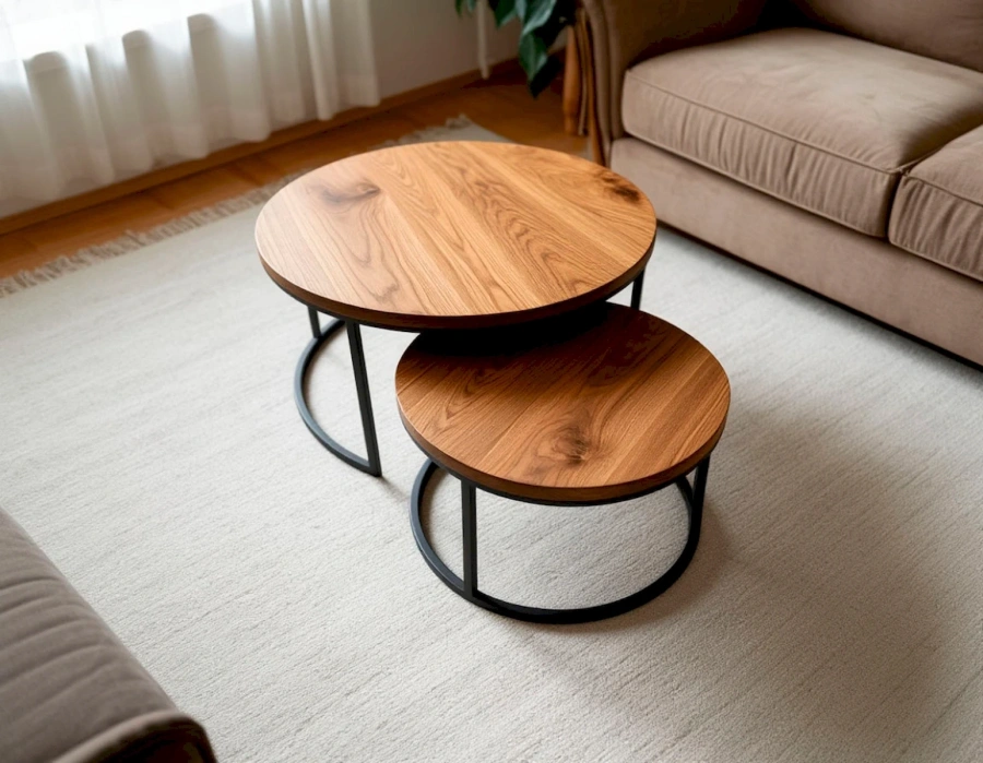 Комплект деревянных столиков из натурального вяза на круглом металлическом основании у дивана в интерьере современной квартиры