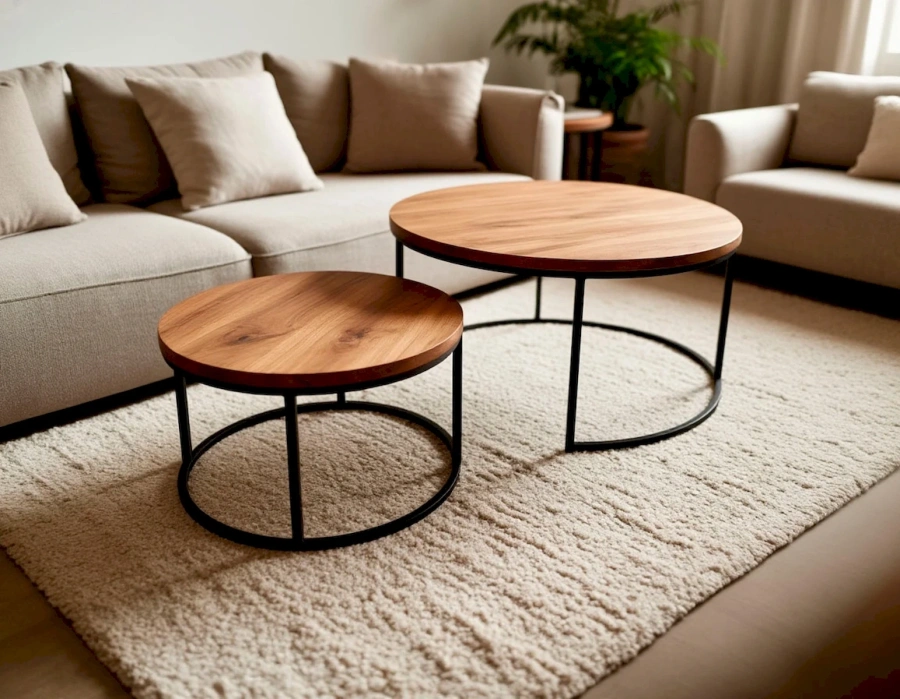 Комплект из двух круглых журнальных столиков разного диаметра из массива вяза в интерьере гостиной.
