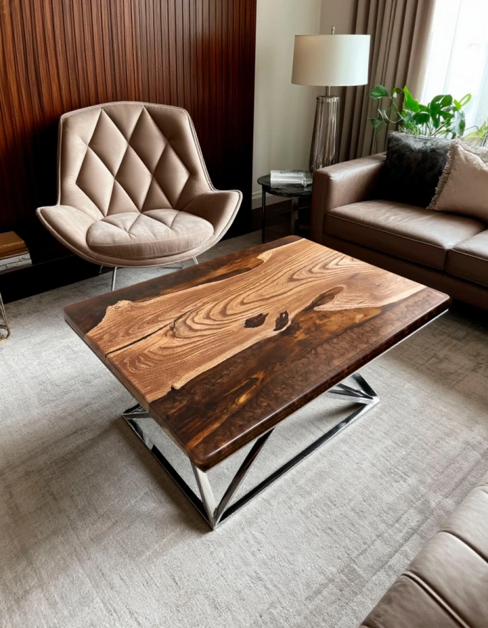 Журнальный стол с янтарной смолой мерцает в вечернем свете перламутровый эффект