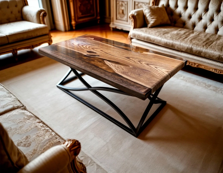 Журнальный стол из дерева и эпоксидной смолы янтарный перламутр общий вид