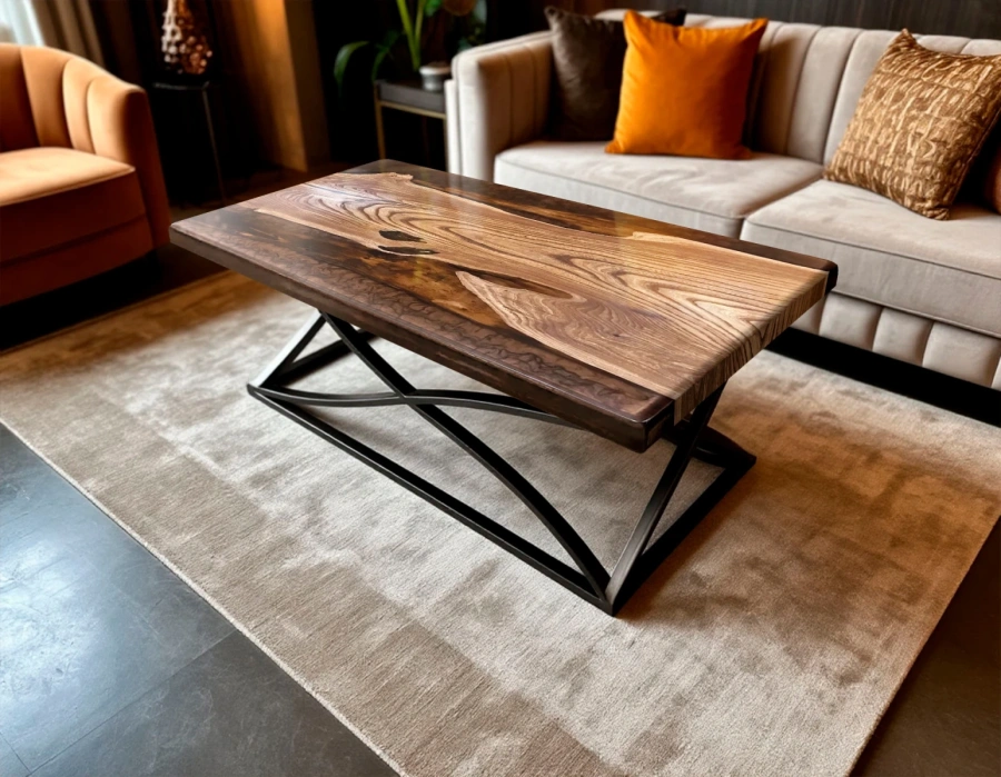 Дизайнерский журнальный стол ручная работа дерево и смола перламутр в интерьере Ар-деко