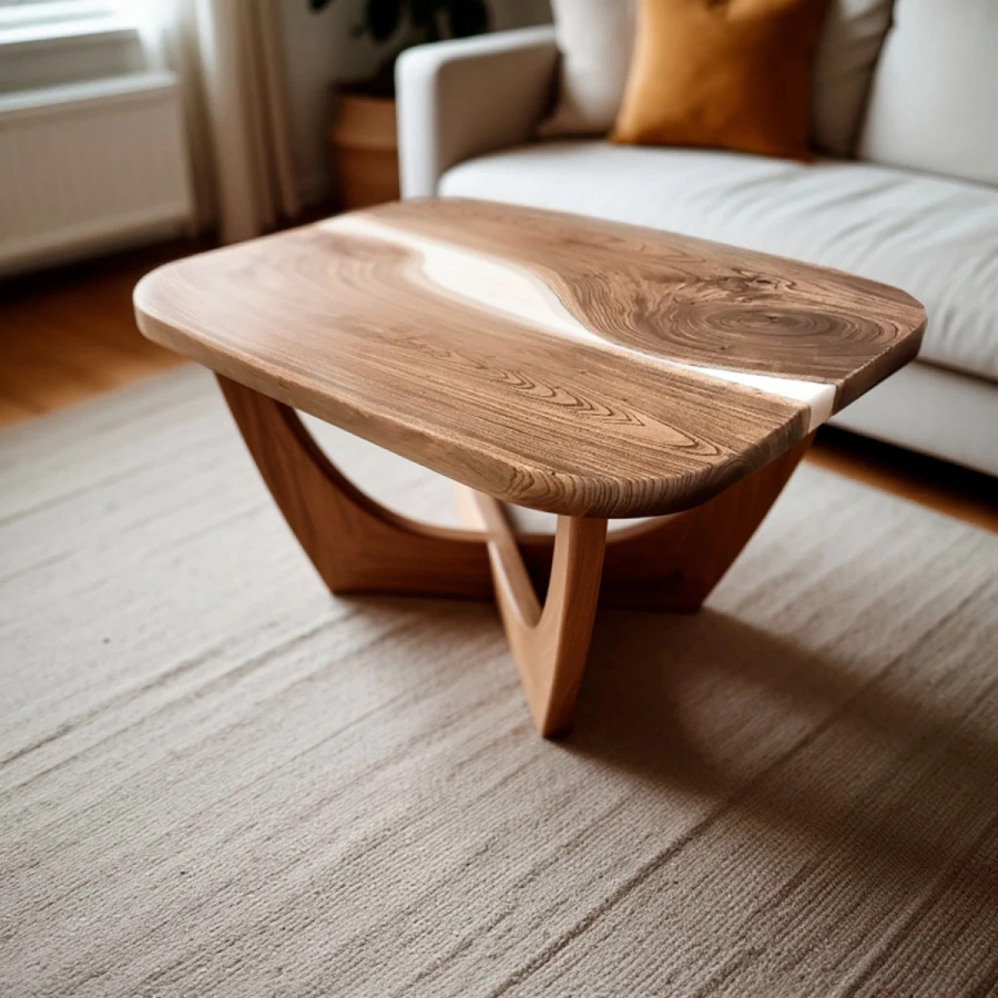 Уникальный журнальный столик Milk из светлого массива карагача с белой эпоксидной смолой в гостиной в скандинавском стиле