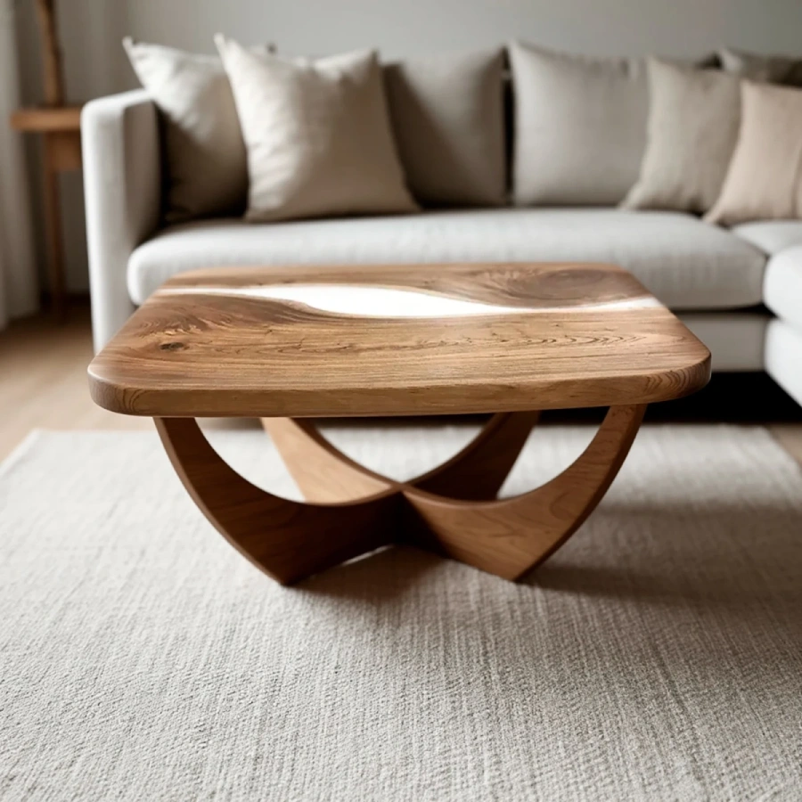 Журнальный столик Milk из карагача с белой эпоксидной эпоксидной смолой в минималистичной светлой гостиной с диваном и ковром.