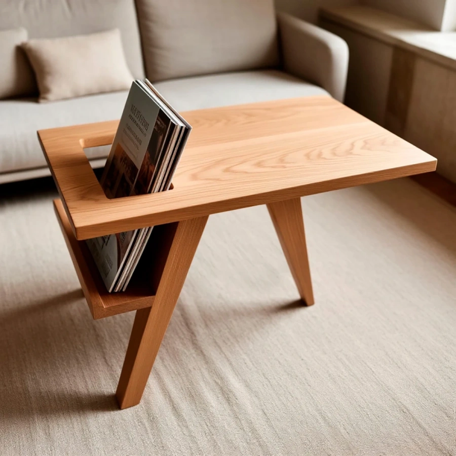 Дизайнерский журнальный столик из карагача с вырезом в столешнице для хранения книг и журналов