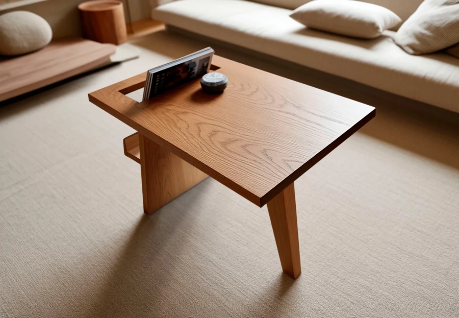 Столик из массива вяза с полкой в светлой гостиной  в стиле джапанди с диваном