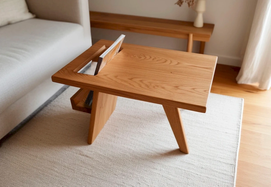 Функциональный вырез в столешнице деревянного столика, удобно брать журналы с полки