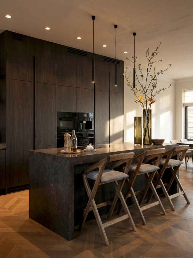 Барный стул с подлокотниками у высокой стойки на современной кухне