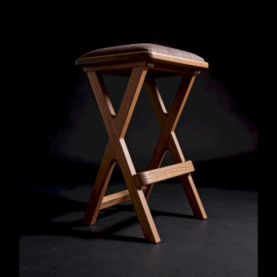 Дизайнерский барный табурет из массива дерева с серым мягким сиденьем и х-образными ножками
