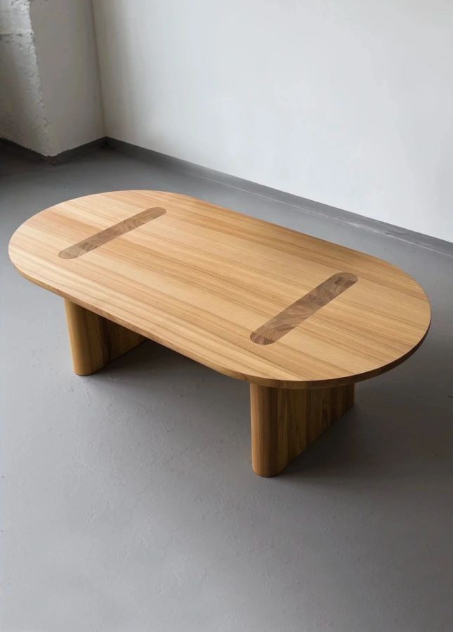 Крупный план столешницы журнального стола Друг, видны продольные вставки и текстура массива дерева.