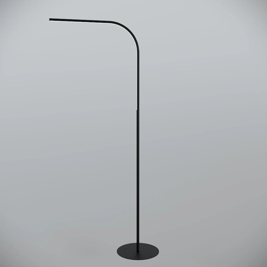 Современный черный торшер JiroLumin с изогнутой конструкцией на фоне светлой стены в интерьере гостиной